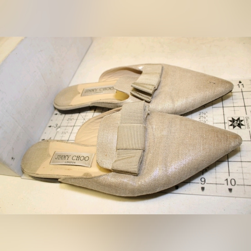 Jimmy Choo Ribbon Mule Pointed Toe Flats Metalic Beige 8 38 - Picture 13 of 14